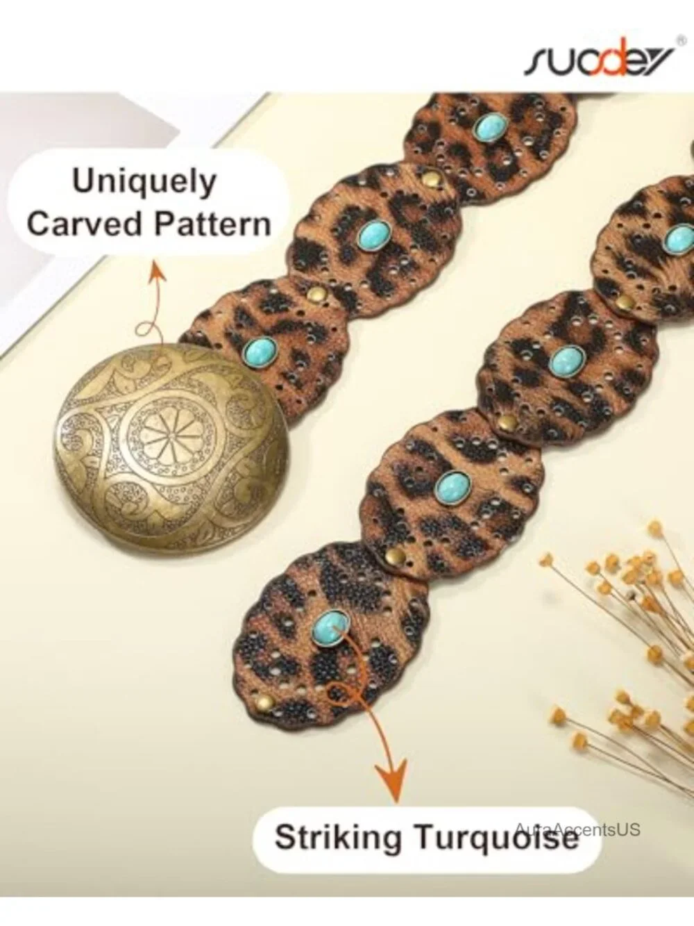 Wide Western Disc Belt with Turquoise - Cowgirl Cowboy Boho Country Leather